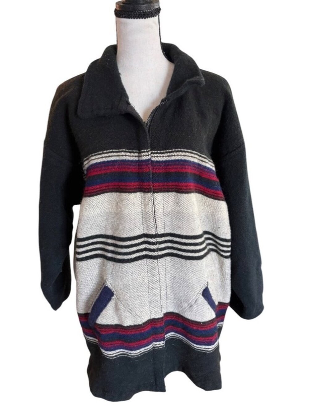 Vintage Hand Knit Wool Southwestern Blanket Jacket Full Zip Coat Geometric
